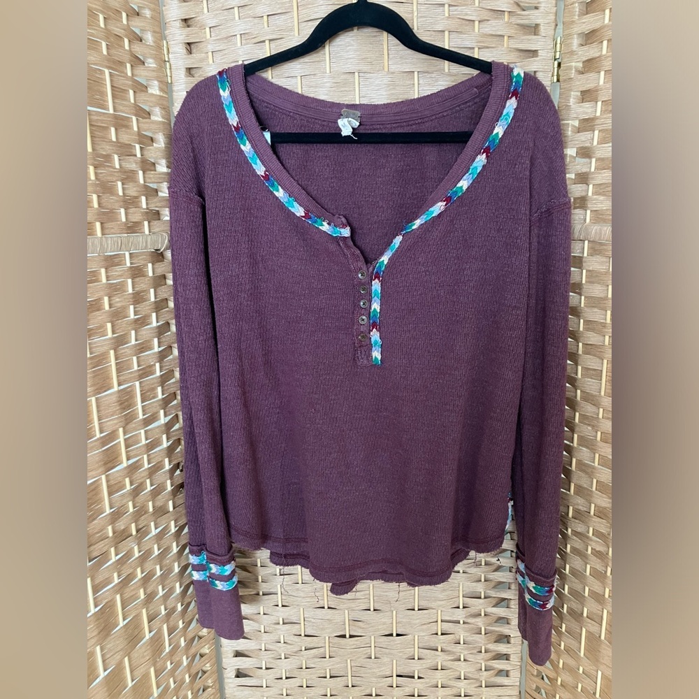 We The Free Plum Long-Sleeve Knit Top with Rainbow Trim